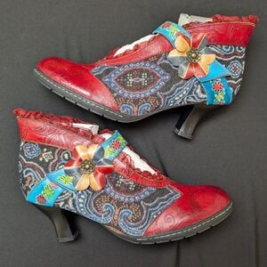 Socofy Vintage Lace Hook Loop Red Genuine Leather Patchwork Ankle Bootie Size 41